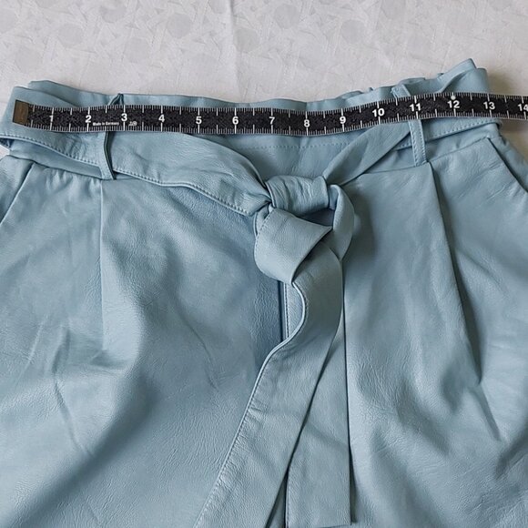 Luna Allegra High Waist Faux Leather Shorts Small Teal Blue Paperbag Tie Waist - Picture 5 of 11